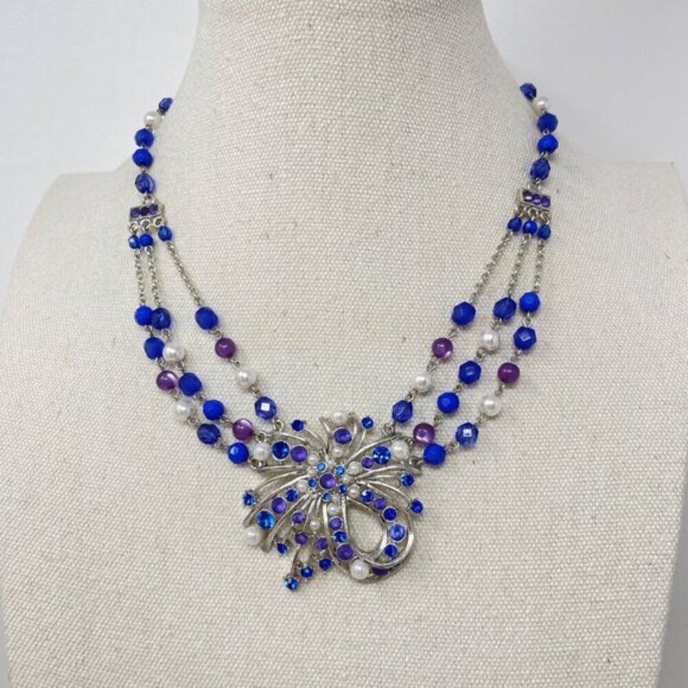 Robert Rose Festoon Necklace Blue‎ Purple Silver-Tone Multi-Strand Faceted Retro